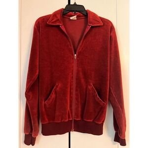 VTG Campus Velour Track Jacket Mens M Rust Orange Zip Up 70s Made in USA Disco